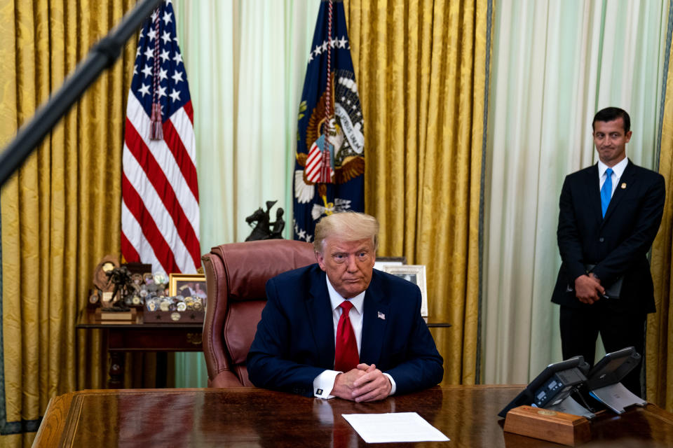WASHINGTON, DC - JULY 15: President Donald Trump speaks in the Oval Office of the White House after receiving a briefing from law enforcement on "Keeping American Communities Safe: The Takedown of Key MS-13 Criminal Leaders" on July 15th 2020 in Washington DC.  (Photo by Anna Moneymaker-Pool/Getty Images)