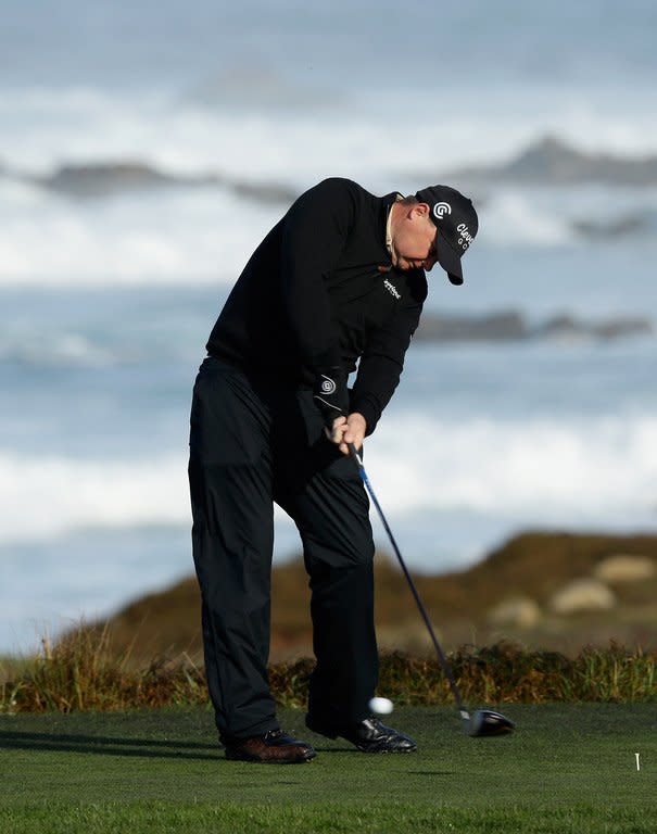 Ted Potter tees off on the 13th hole during the second round of the AT&T Pebble Beach National Pro-Am on February 8, 2013. Potter, a 29-year-old American who won his first PGA title last year at the Greenbrier Classic, fired a five-under 67 on Thursday at par-72 Pebble Beach and then backed it up with a solid round Friday at the par-70 Monterrey Peninsula Shore course