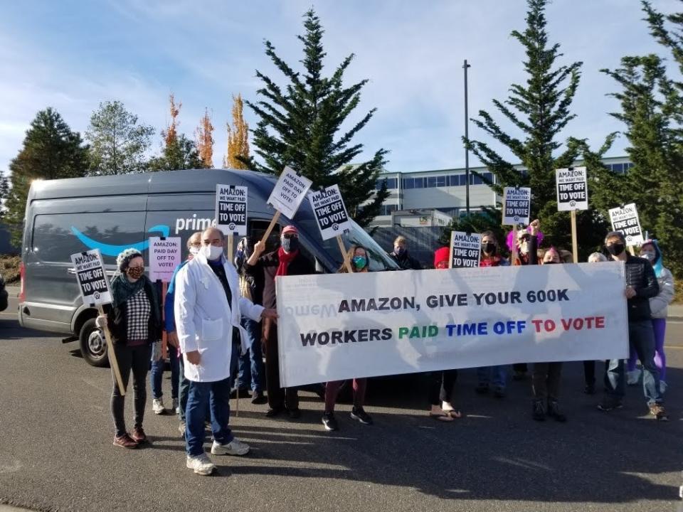 Activists protest at an Amazon facility in Everett, Washington, calling on the company to provide all employees with paid time off to vote. (Courtesy of Amazon Employees for Climate Justice)