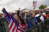 Fans cheer during the opening ceremony for the Ryder Cup at the Whistling Straits Golf Course Thursday, Sept. 23, 2021, in Sheboygan, Wis. (AP Photo/Ashley Landis)