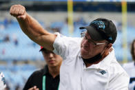 Carolina Panthers owner David Tepper celebrates after their win against the New Orleans Saints during an NFL football game Sunday, Sept. 19, 2021, in Charlotte, N.C. (AP Photo/Jacob Kupferman)