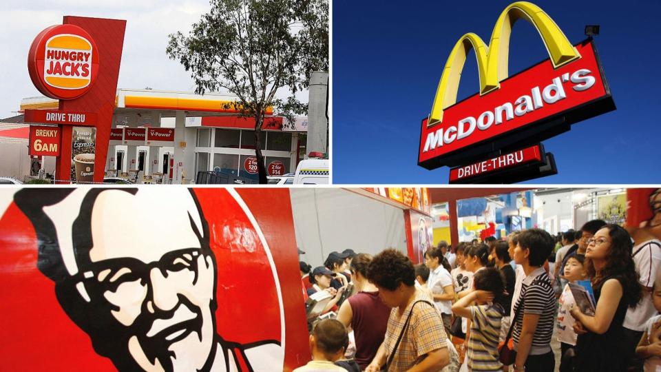 Hungry Jack's store on the top left, McDonald's sign on the top right, and people queued at a KFC on the bottom.