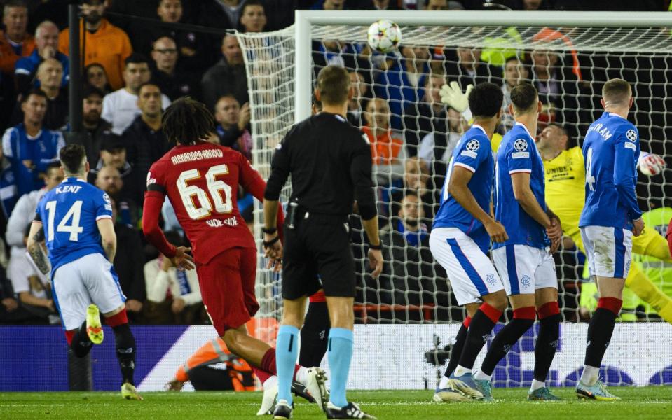 Trent Alexander-Arnold of Liverpool (H) attempts a free kick for score his goal during the UEFA Champions League group A match between Liverpool FC and Rangers FC at Anfield on October 4, 2022 in Liverpool, United Kingdom - Getty Images Europe 