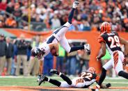 CINCINNATI, OH - NOVEMBER 04: Eric Decker #87 of the Denver Broncos is upended by Nate Clements #22 of the Cincinnati Bengals during the NFL game at Paul Brown Stadium on November 4, 2012 in Cincinnati, Ohio. (Photo by Andy Lyons/Getty Images)