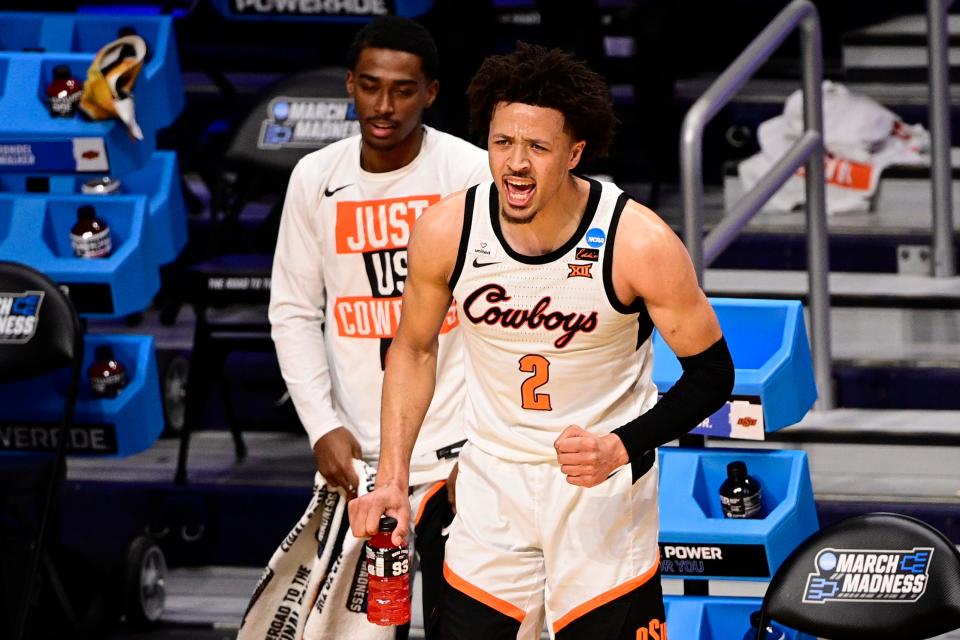 Oklahoma State guard Cade Cunningham (2) yells from the sidelines during the second half against Oregon State.