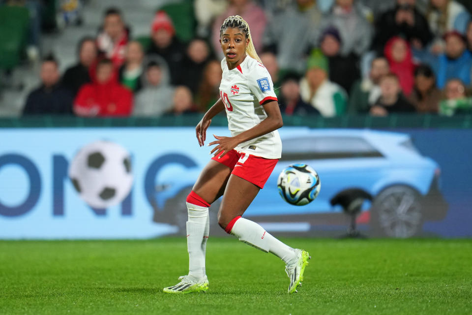 PERTH, AUSTRALIA - JULY 26: Ashley Lawrence of Canada in action during the FIFA Women's World Cup Australia & New Zealand 2023 Group B match between Canada and Ireland at Perth Rectangular Stadium on July 26, 2023 in Perth / Boorloo, Australia. (Photo by Aitor Alcalde - FIFA/FIFA via Getty Images)