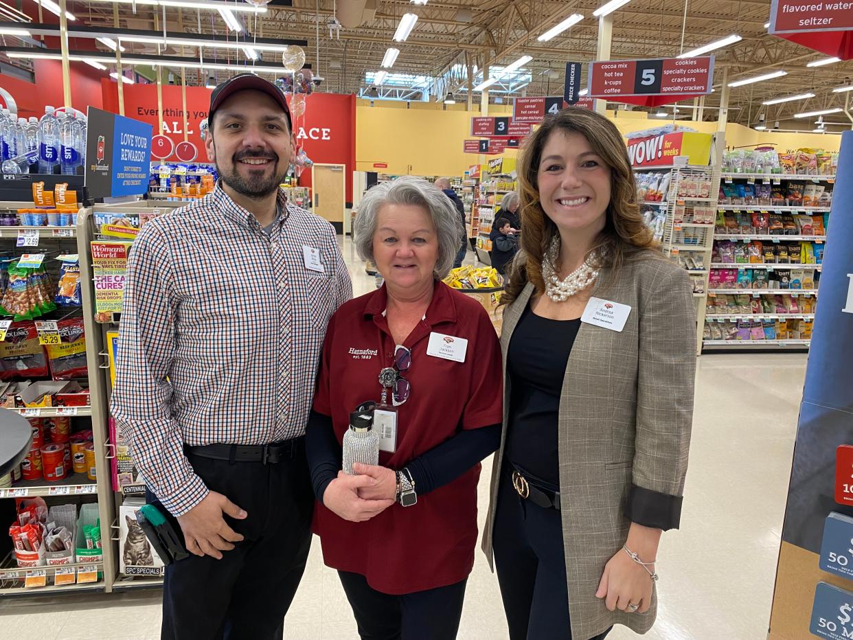 Hannaford Supermarket staff in Taunton talk about a major remodeling of the store on Jan. 12, 2024, from left, Store Manager James White; Frances Jackson, an employee who has been with the store since it opened in 2006; and Director of Retail Operations Andrea Nickerson.