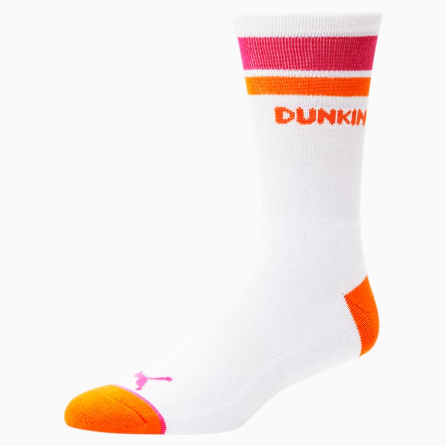 White socks with orange toe, heel, orange and pink stripe and Dunkin written out underneath.