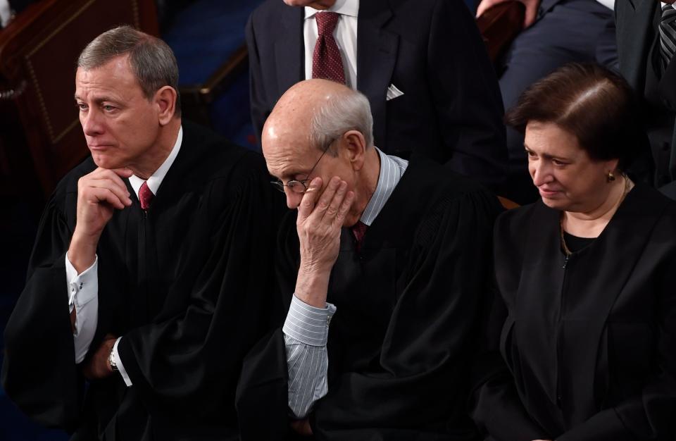 <p>From left: U.S. Supreme Court justices John Roberts, Stephen Breyer and Elena Kagan look on as Trump delivers the State of the Union address on Jan. 30. (Photo: Saul Loeb/AFP/Getty Images) </p>