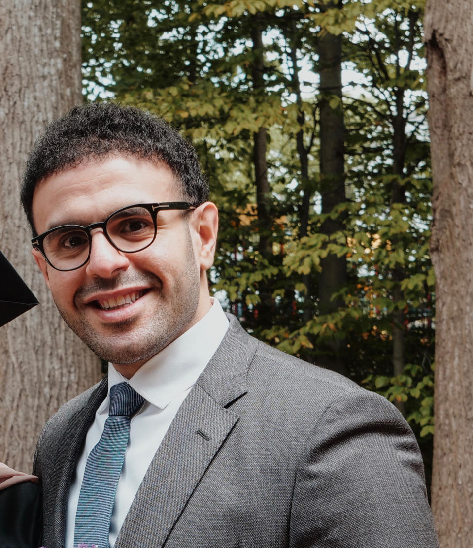 This May 16, 2020, photo provided by Mohamed Soltan shows himself at his home in Fairfax, Va. After his arrest in 2013 for documenting the deadliest crackdown on protesters in Egypt’s modern history, Mohammed Soltan landed in a notorious prison where he says he was brutally tortured for 21 months. (Bushra Soltan via AP)