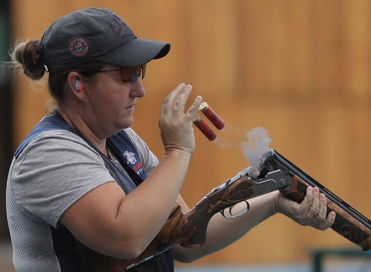 RIO DE JANEIRO, BRAZIL - AUGUST 04: Kim Rhode of the United States shoots in a training session prior to the start of the Rio 2016 Olympic Games at the Olympic Shooting Centre on August 4, 2016 in Rio de Janeiro, Brazil. (Photo by Sam Greenwood/Getty Images)