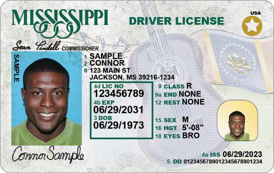 A sample Mississippi drivers license shows the new design, which features the state flag and a guitar with music notes.