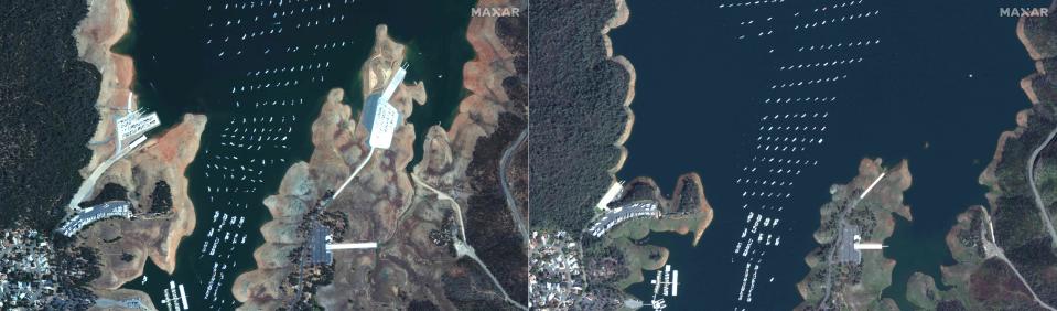 This combination of pictures created on March 22, 2023 shows (L) this handout satellite image courtesy of Maxar Technologies taken on July 16, 2022 shows Bidwell Canyon boat ramp and Loafer Point Stage 2 boat ramp in Lake Oroville, California, and (R) this handout satellite image courtesy of Maxar Technologies taken on March 15, 2023 shows Bidwell Canyon boat ramp and Loafer Point Stage 2 boat ramp in Lake Oroville, California.