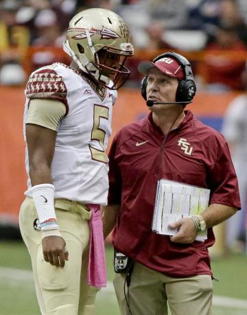 FSU coach Jimbo Fisher talks to Jameis Winston during a game. (AP)