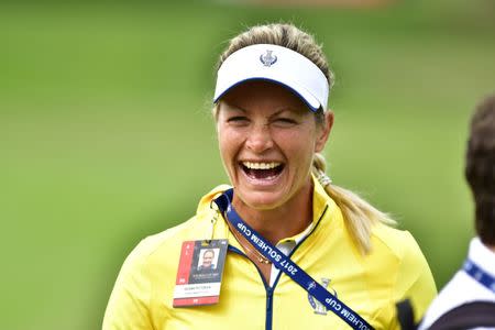 Aug 15, 2017; West Des Moines, IA, USA; Team Europe golfer Suzann Pettersen reacts during a practice round for The Solheim Cup international golf tournament at Des Moines Golf and Country Club. Mandatory Credit: Thomas J. Russo-USA TODAY Sports