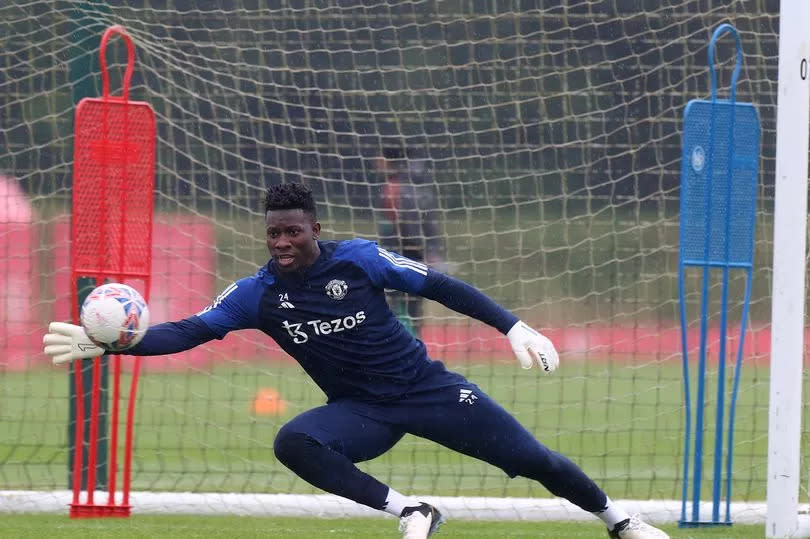 Andre Onana of Manchester United in action during a first team training session at Carrington Training Ground on May 22, 2024