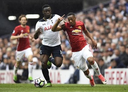 Britain Soccer Football - Tottenham Hotspur v Manchester United - Premier League - White Hart Lane - 14/5/17 Tottenham's Victor Wanyama in action with Manchester United's Anthony Martial Reuters / Dylan Martinez Livepic