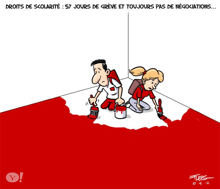 Caricature du 10 avril : Droits de scolarité : 57 jours de grève et toujours pas de négociations... <a href="http://fr-ca.actualites.yahoo.com/mouvement-%C3%A9tudiant-droits-scolarit%C3%A9-57-jours-gr%C3%A8ve-et-121010387.html" data-ylk="slk:Consultez l'article.;elm:context_link;itc:0;sec:content-canvas;outcm:mb_qualified_link;_E:mb_qualified_link;ct:story;" class="link  yahoo-link">Consultez l'article.</a>