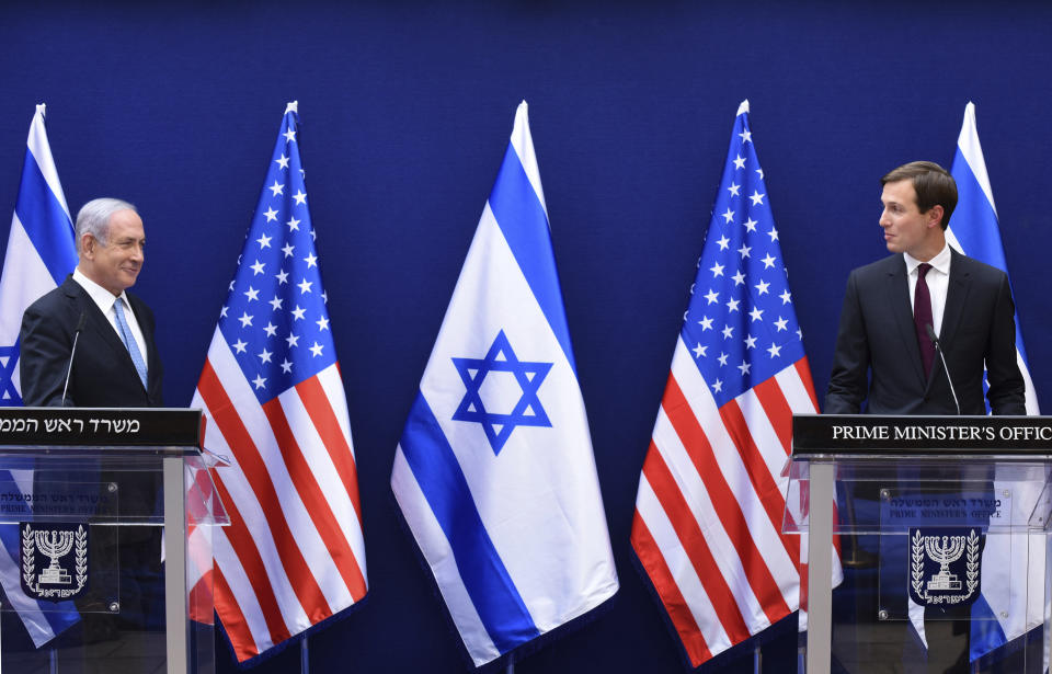 Israeli Prime Minister Benjamin Netanyahu, left, and White House adviser Jared Kushner make joint statements to the press about the Israeli-United Arab Emirates peace accords, in Jerusalem, Sunday, Aug. 30, 2020. Kushner is trumpeting the recent agreement by Israel and the United Arab Emirates to establish diplomatic relations as a historic breakthrough and said “the stage is set” for other Arab states to follow suit. (Debbie Hill/Pool Photo via AP)