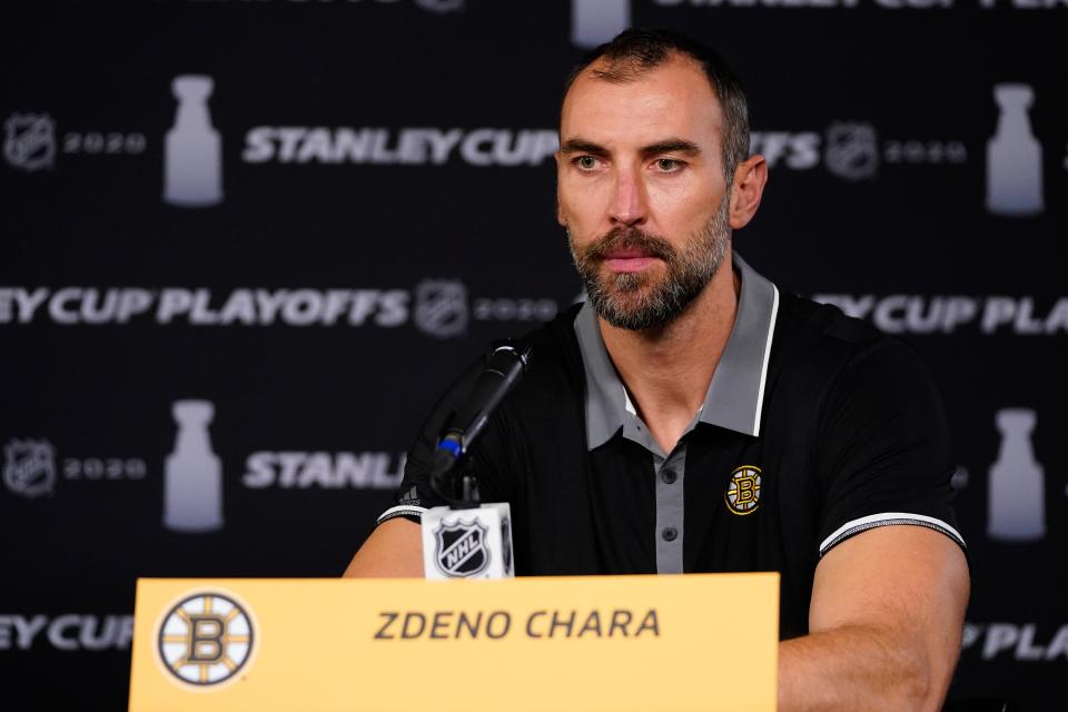 TORONTO, ONTARIO - AUGUST 27:  Zdeno Chara #33 of the Boston Bruins speaks to the media after the NHL and NHLPAs announcement to reschedule games during the Eastern Conference Second Round of the 2020 NHL Stanley Cup Playoffs on August 27, 2020 in Toronto, Ontario. Several sporting leagues across North America are postponing their schedules as players protest the shooting of Jacob Blake by Kenosha, Wisconsin police. (Photo by Mark Blinch/NHLI via Getty Images)