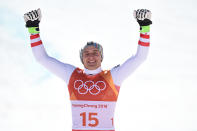 <p>Matthias Mayer of Austria wins the gold medal during the Alpine Skiing Men’s Super-G. (Getty) </p>