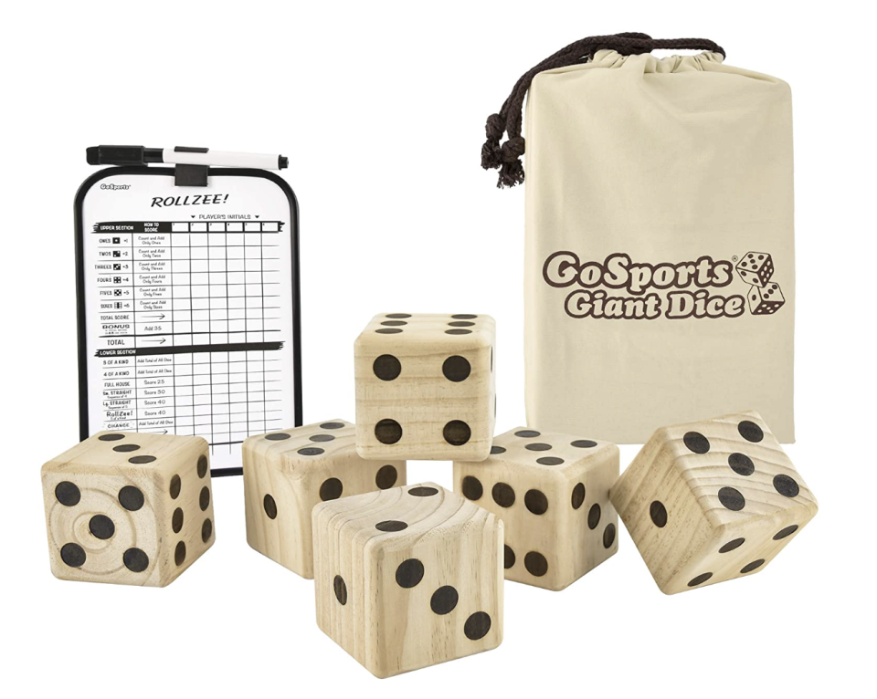 GoSports Giant Wooden Playing Dice Set with canvas bag and rollzee score card (Photo via Amazon)