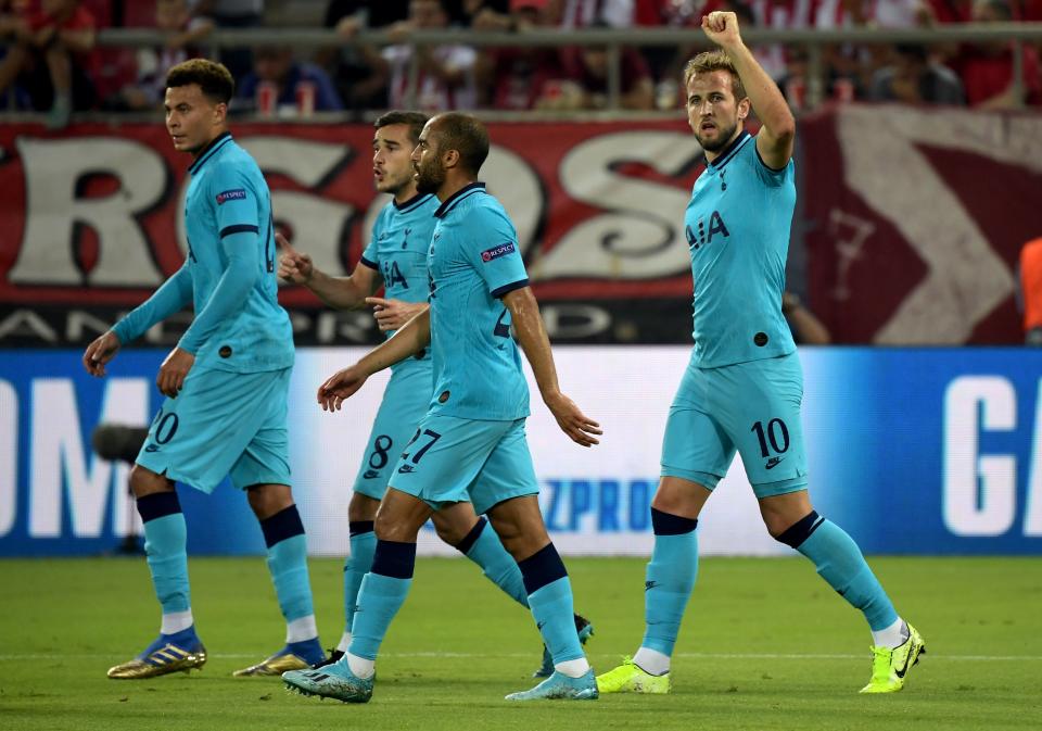 Harry Kane celebrates after putting Spurs in front. (Photo by ARIS MESSINIS / AFP)        (Photo credit should read ARIS MESSINIS/AFP/Getty Images)