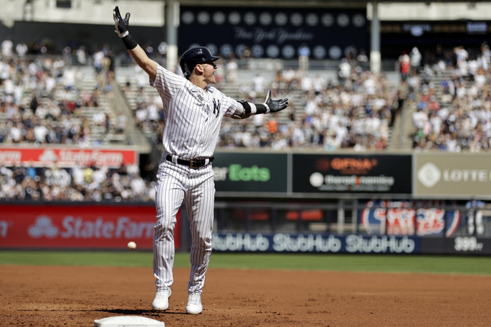 New York Yankees' Josh Donaldson reacts rounding first base during the first inning of the team's baseball game against the Tampa Bay Rays on Saturday, Sept. 10, 2022, in New York. (AP Photo/Adam Hunger)