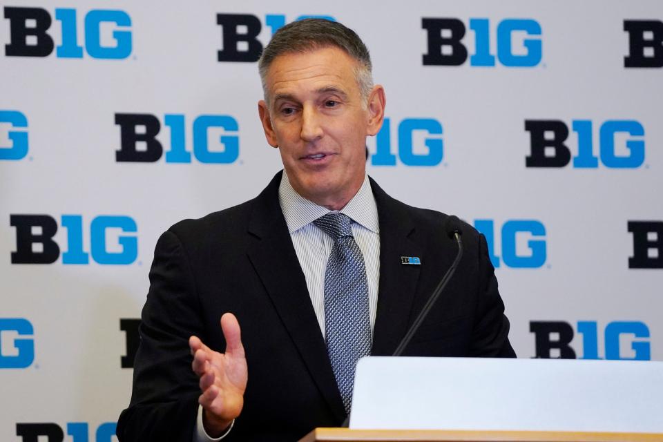 Tony Petitti speaks to the media as he's introduced as the Commissioner of the Big Ten, Friday, April 28, 2023, in Rosemont, Ill.