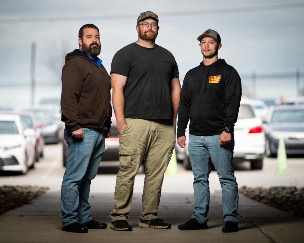 Metro Nashville Police officers who responded to the Covenant School shooting, from left, Detective Sergeant Jeff Mathes, Detective Ryan Cagle, and Detective Michael Collazo at the MNPD Headquarters in Nashville, Tenn., Friday, Dec. 8, 2023.