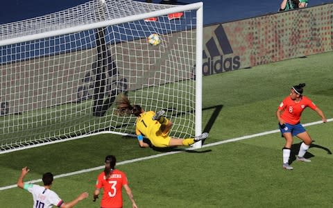  Claudia Endler of Chile fails to save from Julie Ertz of the USA (not pictured) as Julie Ertz scores her team's second goal during the 2019 FIFA Women's World Cup - Credit: FIFA