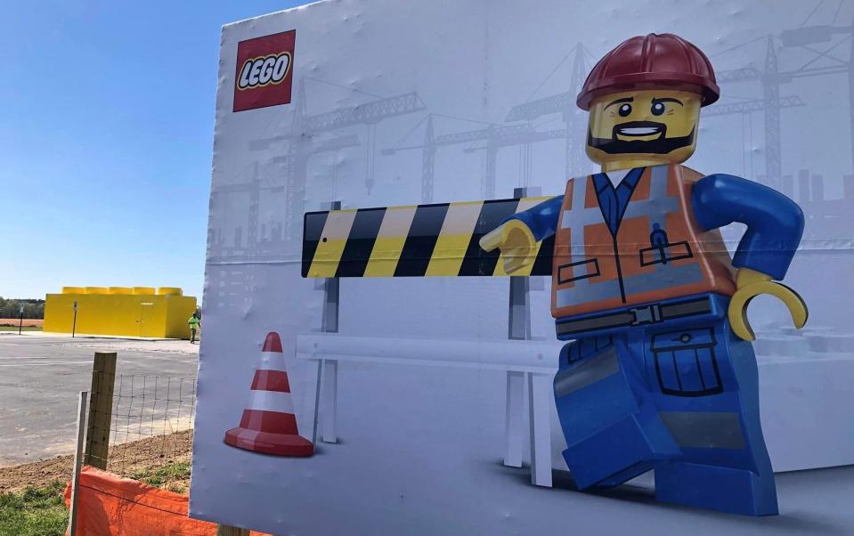 A new billboard and temporary Visitor Center in Chester at the site of what will be The LEGO Group's seventh manufacturing factory worldwide.