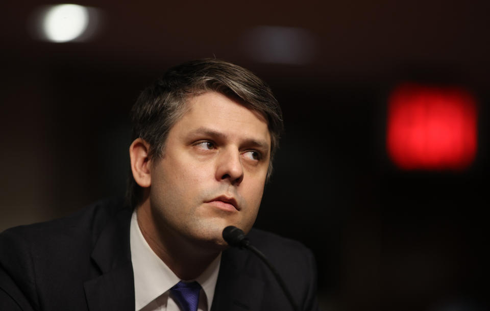 In this May 6, 2020 photo, Justin Walker testifies before a Senate Judiciary Committee hearing on his nomination to be a U.S. circuit judge for the District of Columbia Circuit on Capitol Hill in Washington. (Jonathan Ernst/Pool Photo via AP)