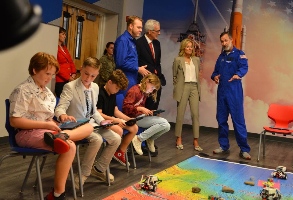 First Lady Jill Biden and Veteran Affairs Secretary Denis McDonough visited Patrick Space Force Base and Cape Canaveral Space Force Station in Florida on Monday. They toured STARBASE at Patrick Space Force Base where students were doing STEM demonstrations.