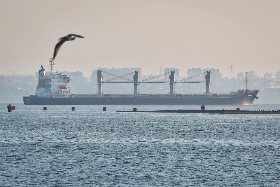 The ship Navi-Star carrying corn starts its way from the port in Odesa, Ukraine, on Friday. Ukraine is a major global grain supplier but the war had blocked most exports, so the July 22 deal aimed to ease food security around the globe.