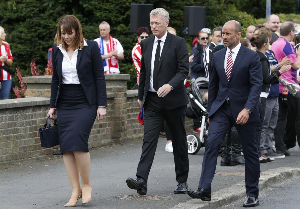 <p>David Moyes (centre) outside St Joseph’s Church in Blackhall, County Durham, where the funeral of Bradley Lowery, the six-year-old football mascot whose cancer battle captured hearts around the world </p>