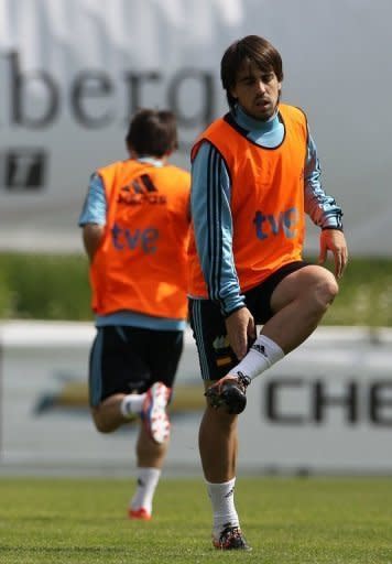 Spain's Benat Etxebarria warms up during a training session in Schruns. Sevilla striker Alvaro Negredo edged Roberto Soldado for the final striker's spot in defending champions Spain's squad for Euro 2012 that was announced by coach Vicent del Bosque