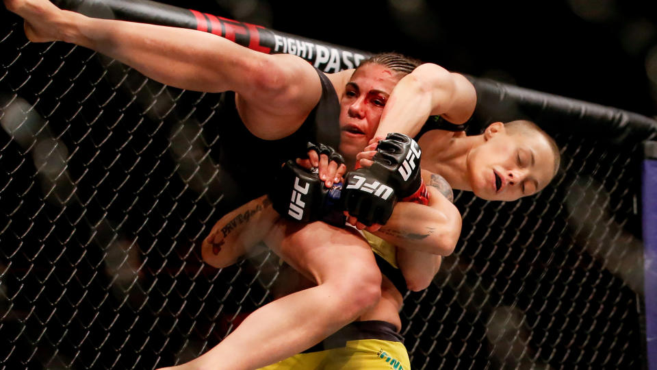 Jessica Andrade of Brazil attempts to slam Rose Namajunas of USA in their women's strawweight championship bout during the UFC 237 event at Jeunesse Arena on May 11, 2019 in Rio de Janeiro, Brazil. (Photo by Alexandre Schneider/Getty Images)