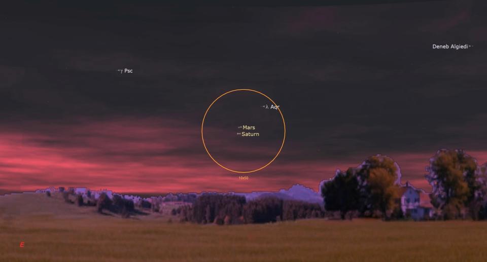 a red-tinted sky has a yellow circle in the center, surrounding small dots labeled Mars and Saturn.  Below is a field of dull green grass, with scattered trees on the horizon.