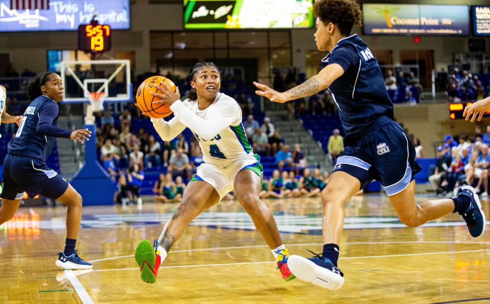 FGCUÕs Tishara Morehouse drives against Old Dominion University during a game at Alico Arena on Monday, Nov. 7, 2022. FGCU won 81-62.  