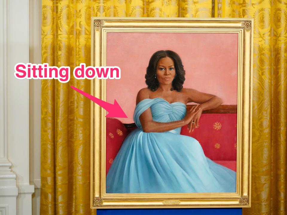 Michelle Obama's official White House portrait with an arrow showing her sitting down