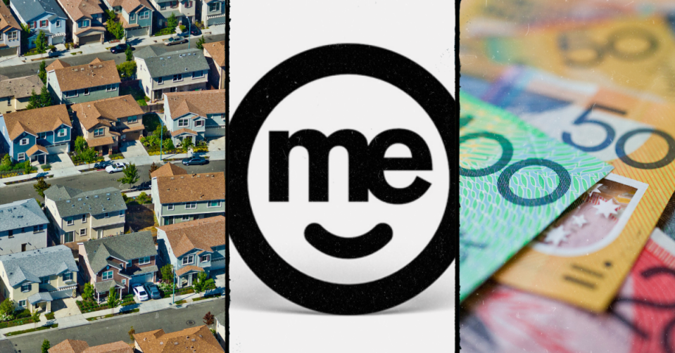 Aerial view of Australian suburbs, ME Bank logo and Australian money.