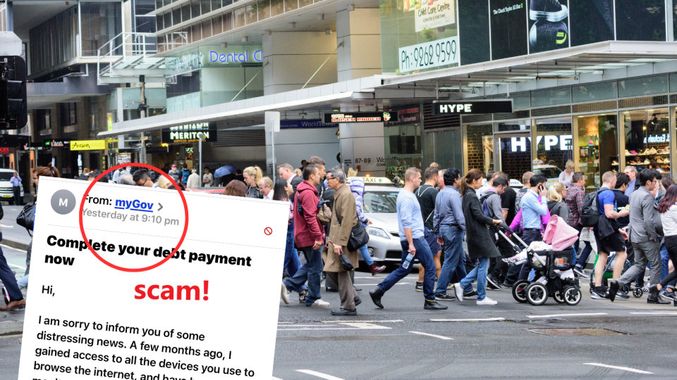 myGov scam email example. Australian people walking on the street.