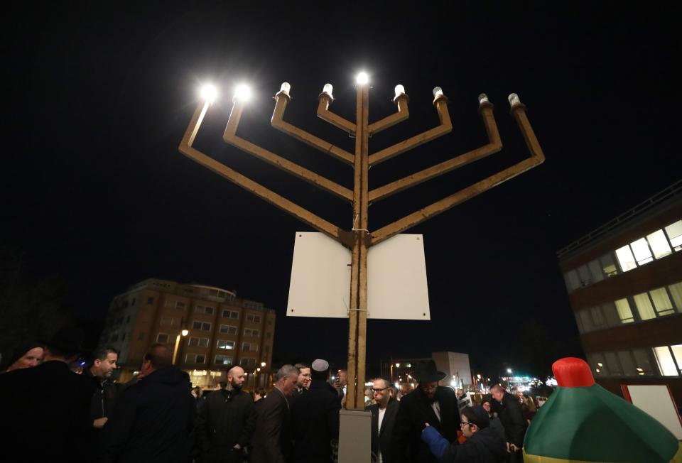 Lighting of the Hanukkah menorah in front of Rockland's Allison-Parrish County Office Building in New City. Chabad of Rockland will sponsor another menorah lighting for Dec. 7, 2023.
(Credit: Peter Carr/The Journal News)