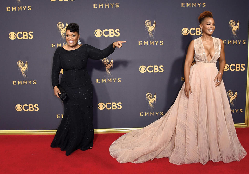 At the Emmys in 2017, Yvette Nicole Brown (left) let her friend Anika Noni Rose, a presenter, have the spotlight on the red carpet.