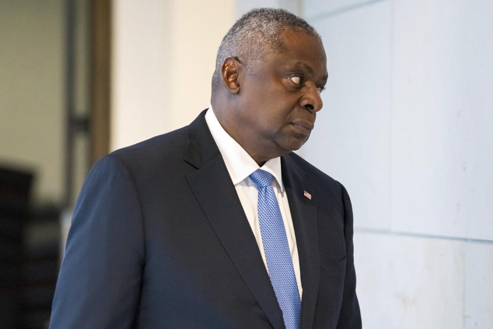 Defense Secretary Lloyd Austin arrives for a classified briefing for Senators on Israel and Gaza at the Capitol in Washington, Wednesday, Oct. 18, 2023. (AP Photo/Nathan Howard)