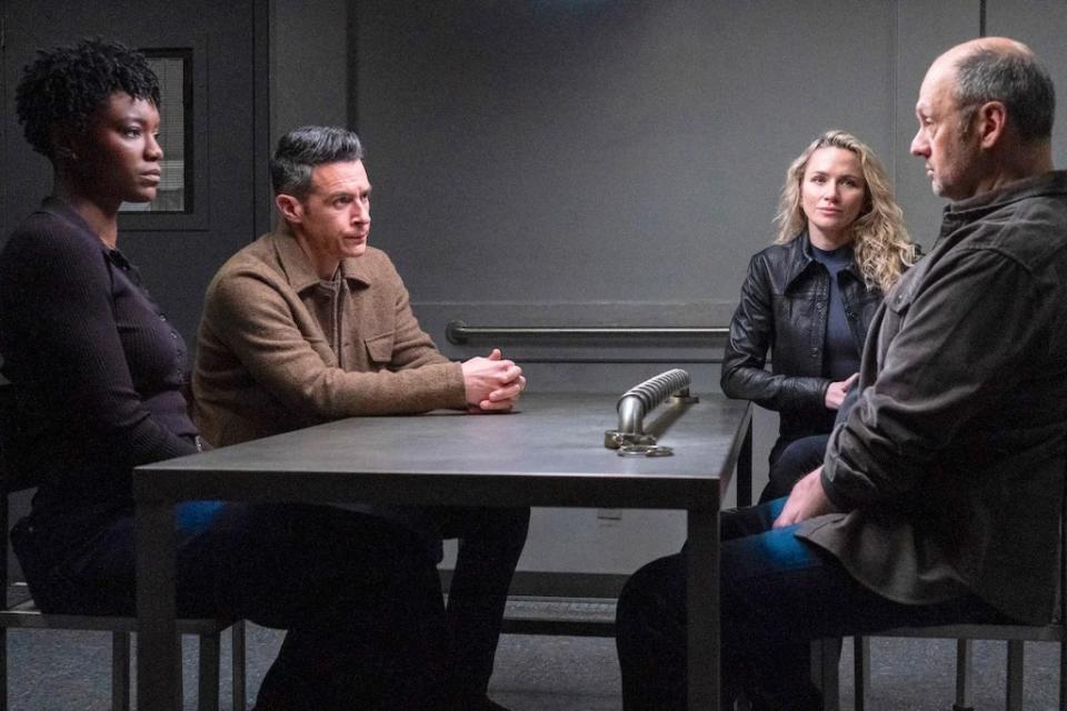 Tiffany Wallace (Katherine Renee Kane), Scola and Nina interrogate a suspect (guest star Michael Mastro ) in the April 16 episode of “FBI.” (Credit: Bennett Raglin/CBS)