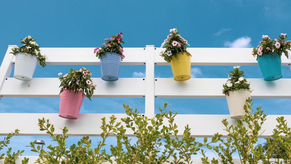 tin plant pots with vinyl fence