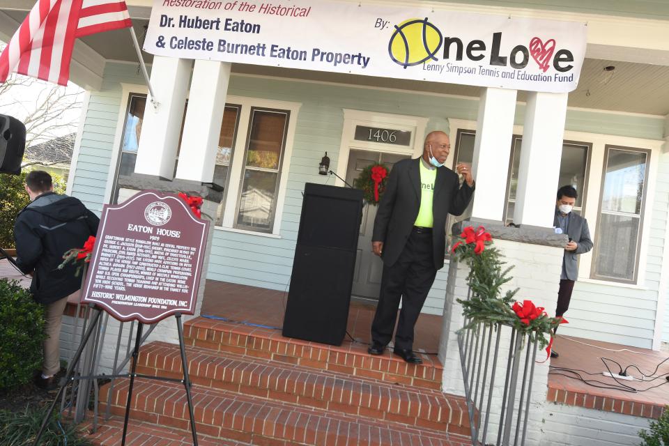 Lenny Simpson smiles after the Eaton House was presented with a historic plaque in December 2020 along Orange Street in downtown Wilmington.
