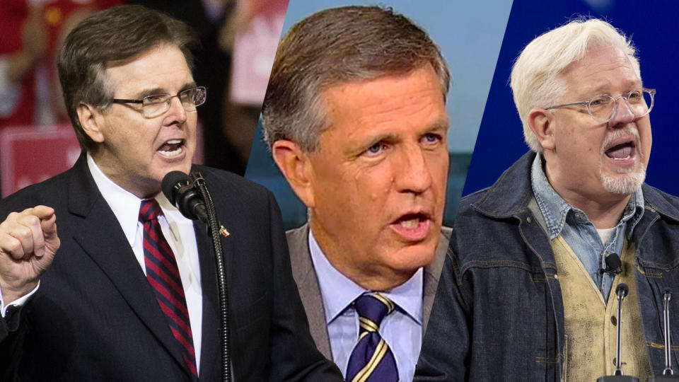 Texas Lt. Governor Dan Patrick, Brit Hume and  Glenn Beck. (Loren Elliott/Getty Images, Fox News, Stefani Reynolds/Bloomberg via Getty Images))